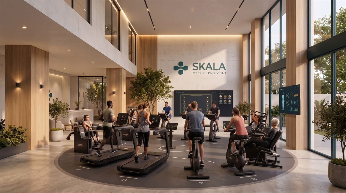 Piso de entrenamiento de SKALA con equipo de fuerza y cardio